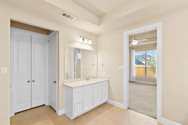 a bathroom with a sink a mirror and a shower