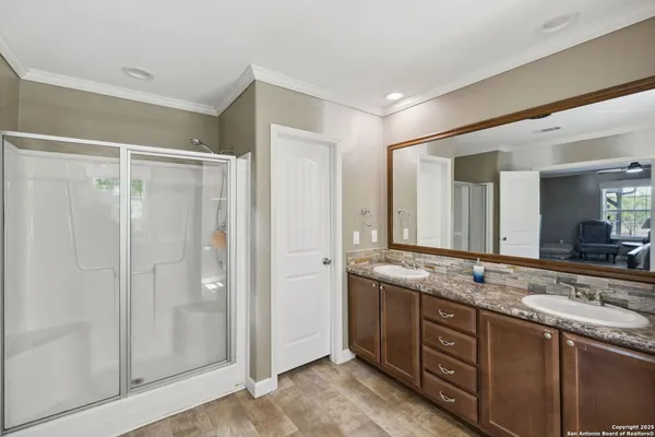 a bathroom with a sink a mirror and a shower