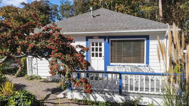 a front view of a house with a garden and plants