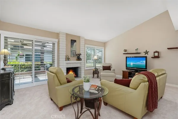 a living room with furniture a fireplace and a floor to ceiling window