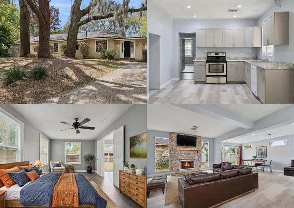a view of living room kitchen with stainless steel appliances kitchen island dining table and chairs