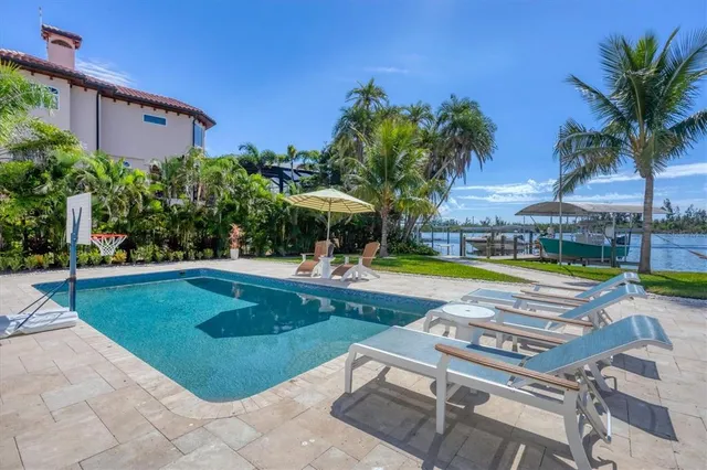 a view of a swimming pool with a garden