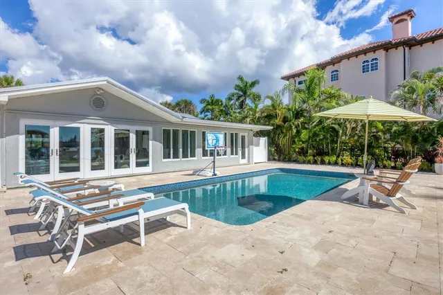 a view of a swimming pool with a garden