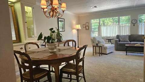 a view of a dining room with furniture window and outside view