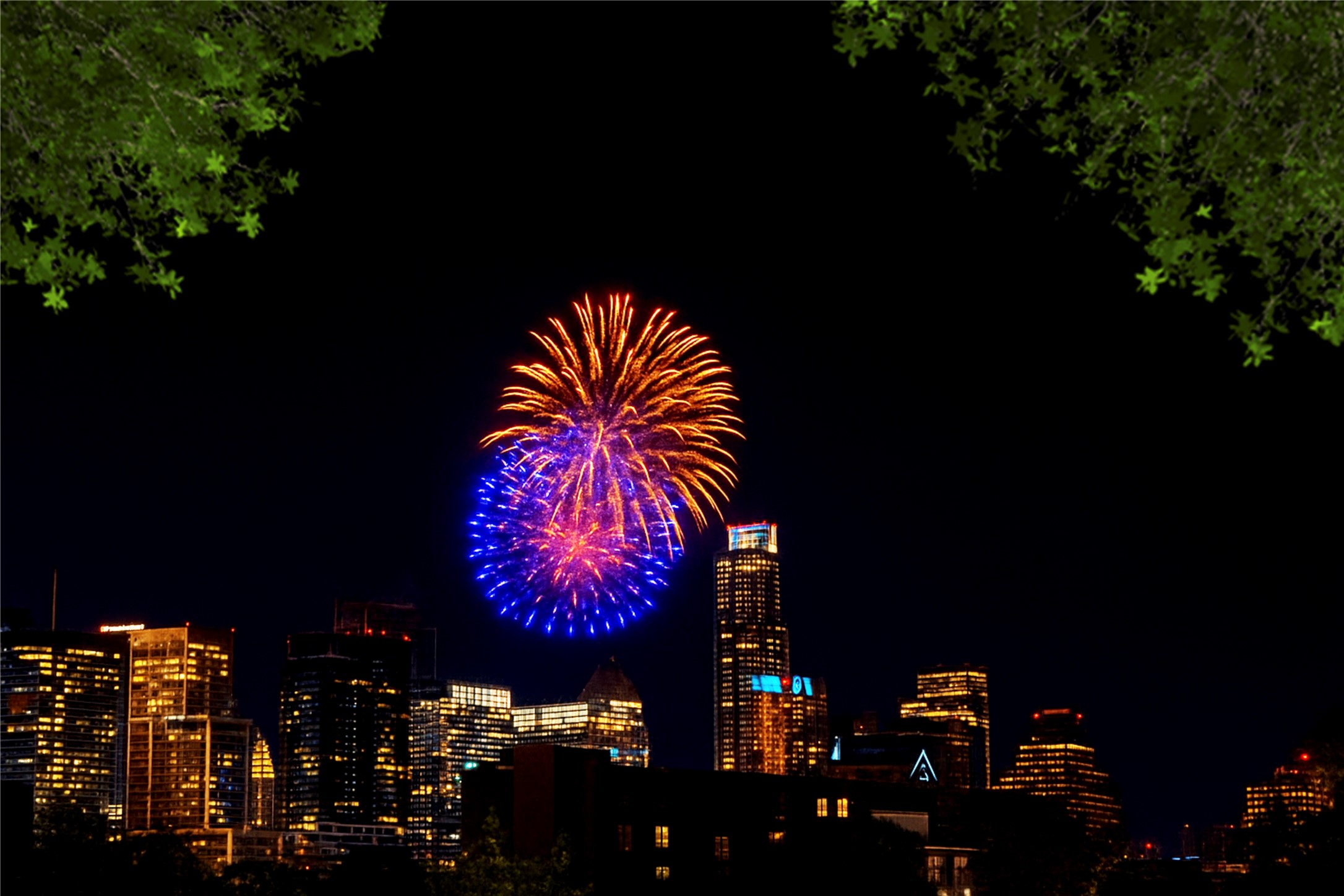 View of Downtown Austin Firework from Back Patio Area