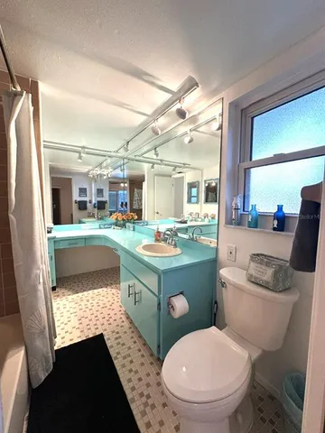 a bathroom with a sink a toilet a mirror and bathtub