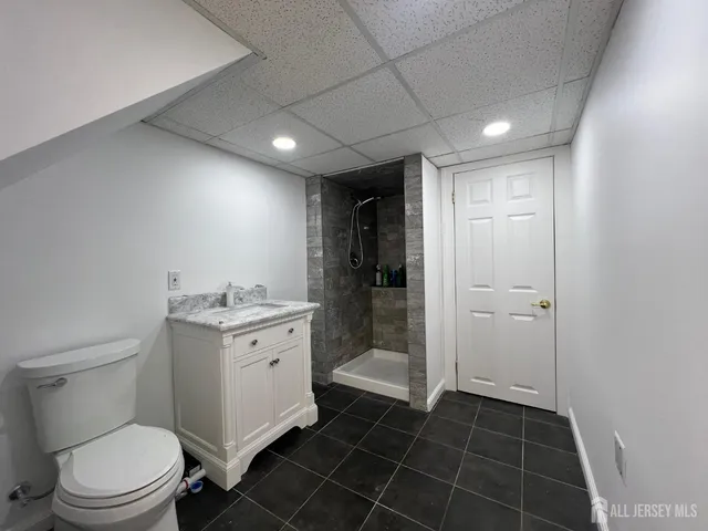 a bathroom with a granite countertop sink a toilet and shower