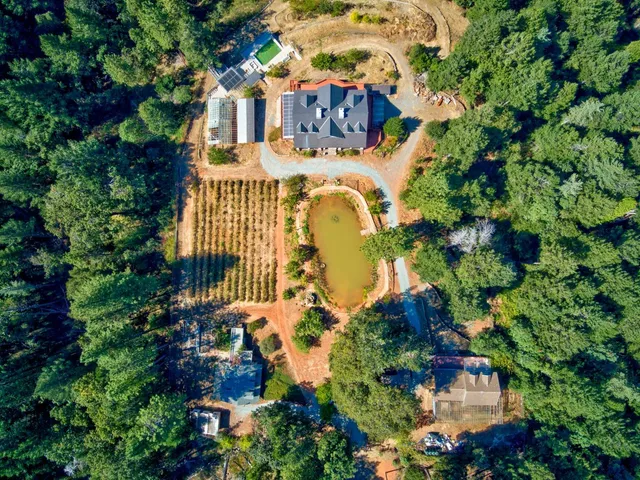 an aerial view of a house with a garden and swimming pool