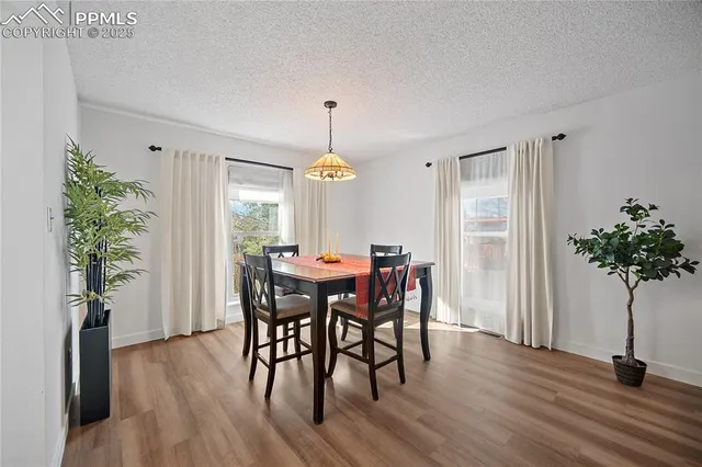 a view of a dining room with furniture window and wooden floor