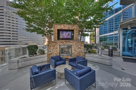 a building outdoor space with patio furniture