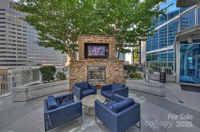 a building outdoor space with patio furniture