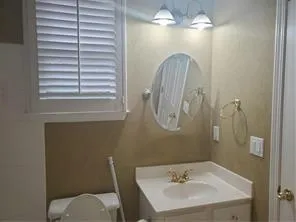 a bathroom with a sink a toilet and a mirror