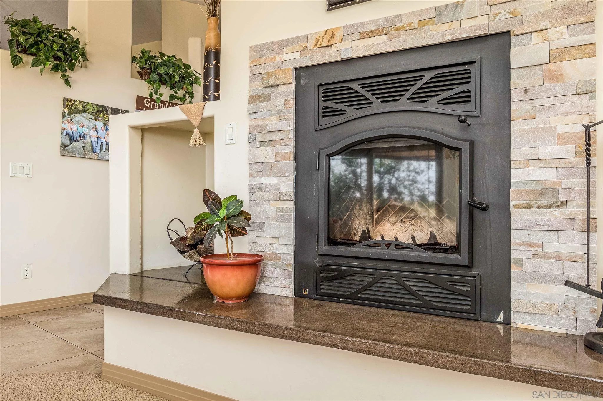 29482 Paso Robles Road Valley Center, CA 92082 - Photo 9 of 37 a living room with a fireplace and a potted plant