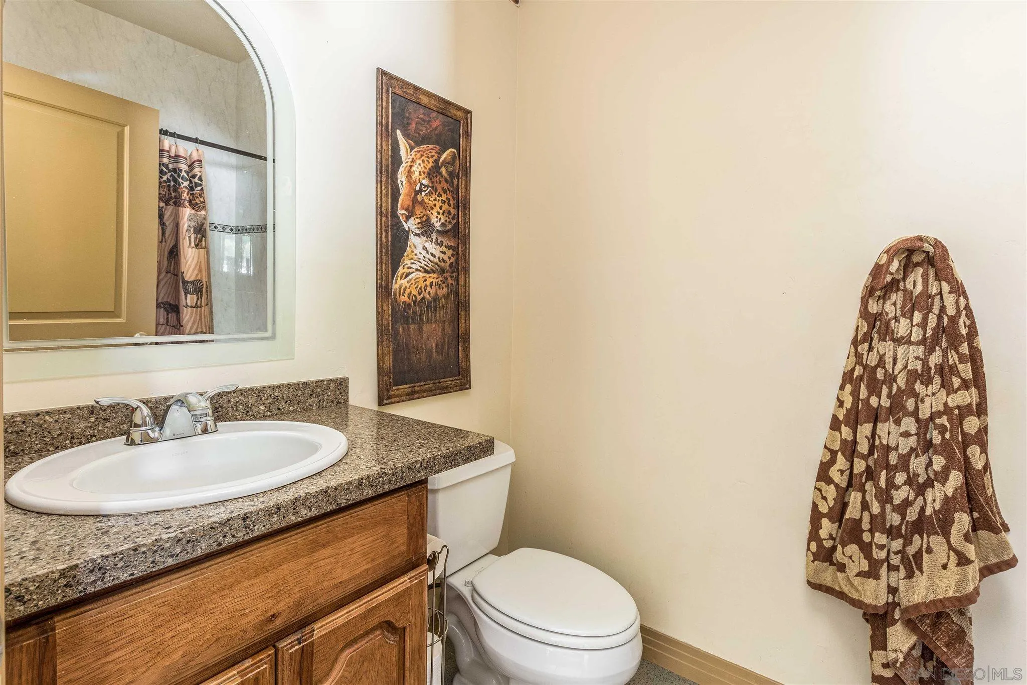29482 Paso Robles Road Valley Center, CA 92082 - Photo 10 of 37 a bathroom with a granite countertop sink a toilet and a mirror