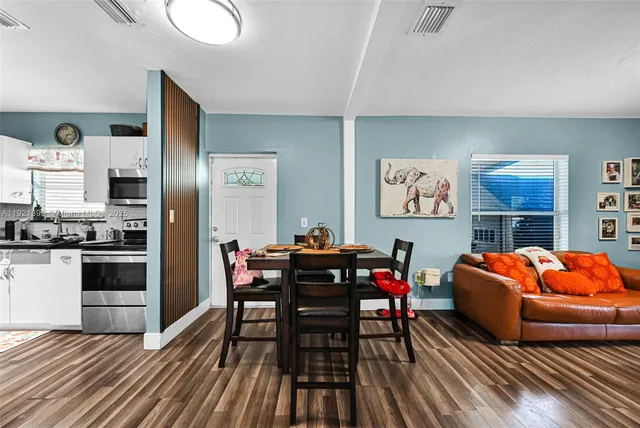 a view of a dining room with furniture and wooden floor