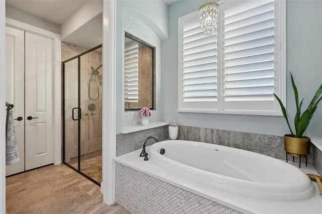 a bathroom with a bathtub and a shower