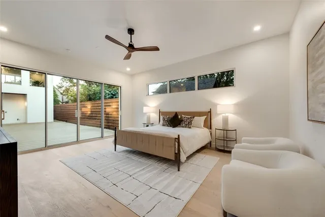 a spacious bedroom with a bed and large window