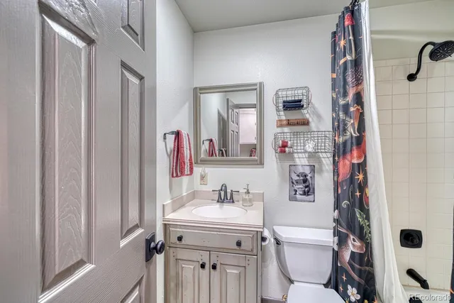 a bathroom with a sink toilet vanity and shower