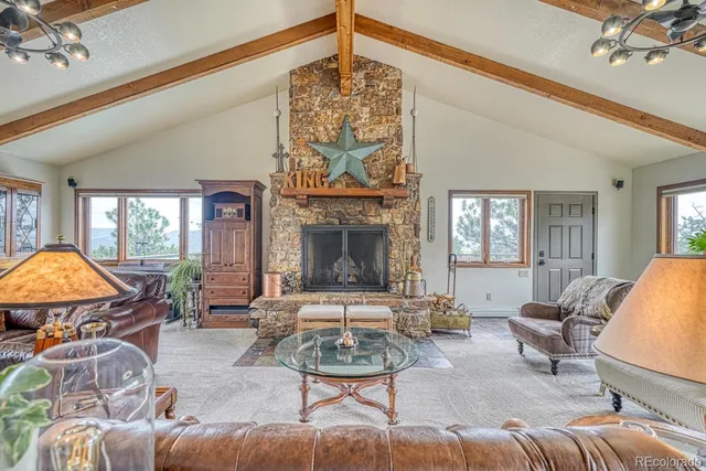 a living room with furniture a fireplace and a chandelier