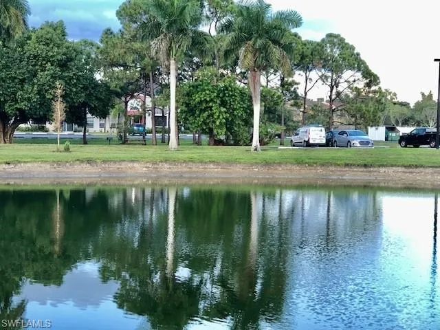 a view of a swimming pool with lawn chairs and plants