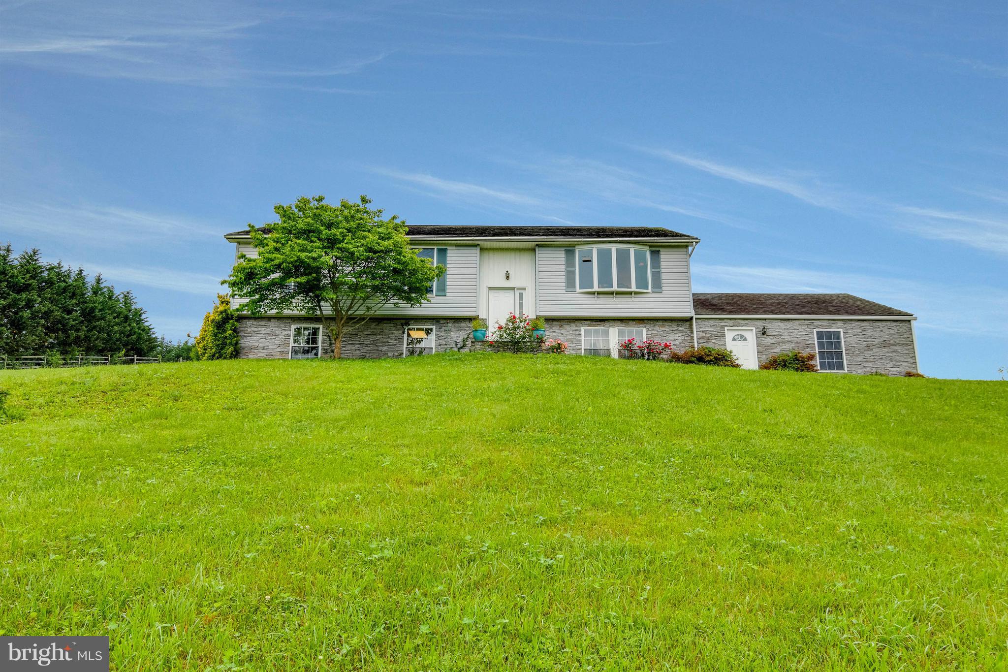 a view of a house with a big yard plants and large trees