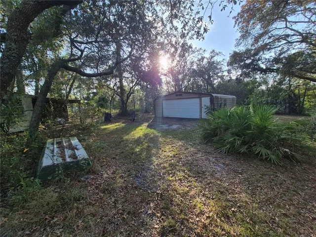 a view of a backyard with large trees