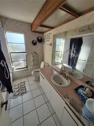 a bathroom with a sink a toilet and mirror