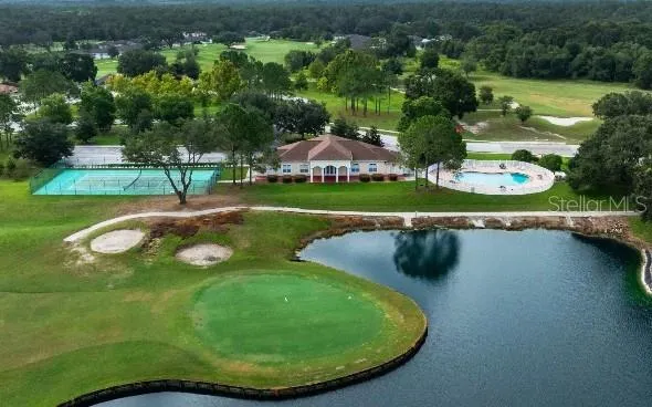 an aerial view of a house with swimming pool and green space