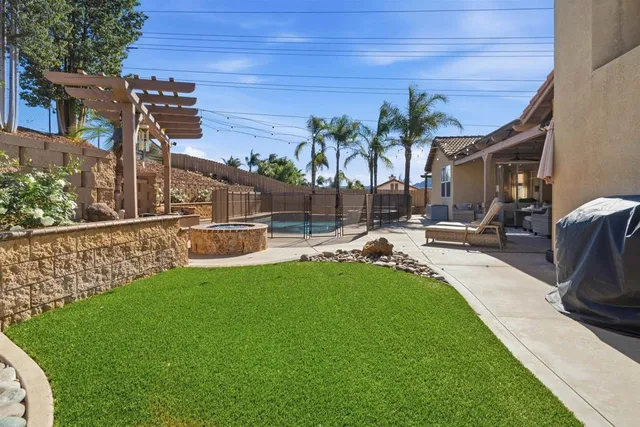 a view of backyard with swimming pool and outdoor seating