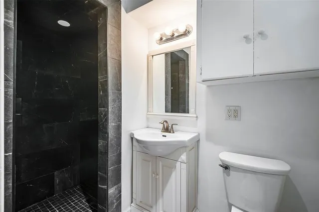 a bathroom with a sink a toilet and shower