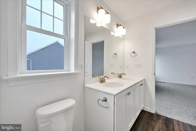 a bathroom with a toilet sink and mirror