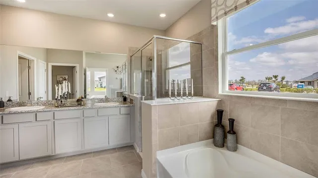 a bathroom with a sink mirror and a bathtub