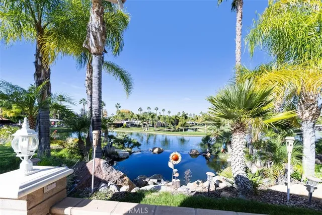 a view of a swimming pool with a garden