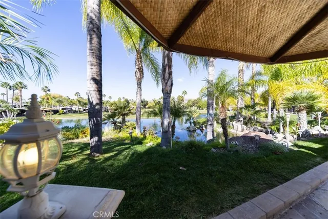 a view of a yard with a fountain