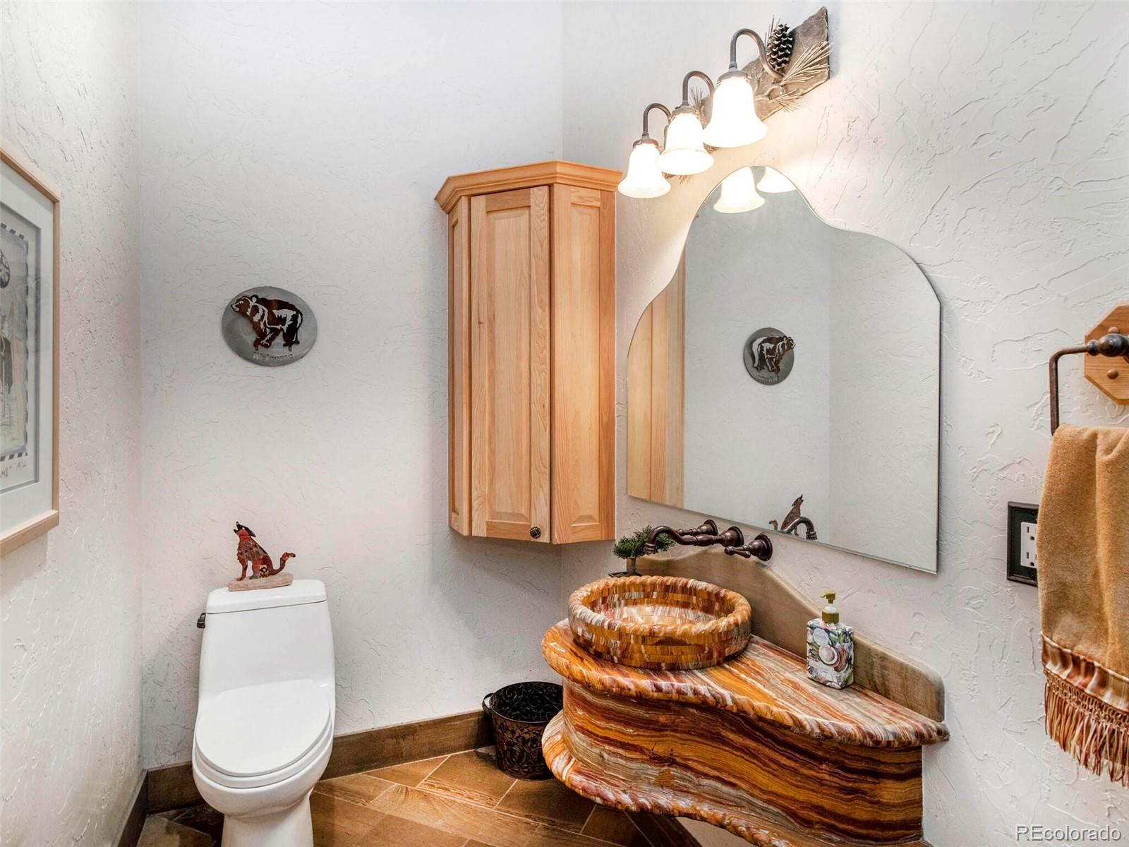 577 Bear Meadow Trail Evergreen, CO 80439 - Photo 16 of 40 a bathroom with a toilet a sink and mirror