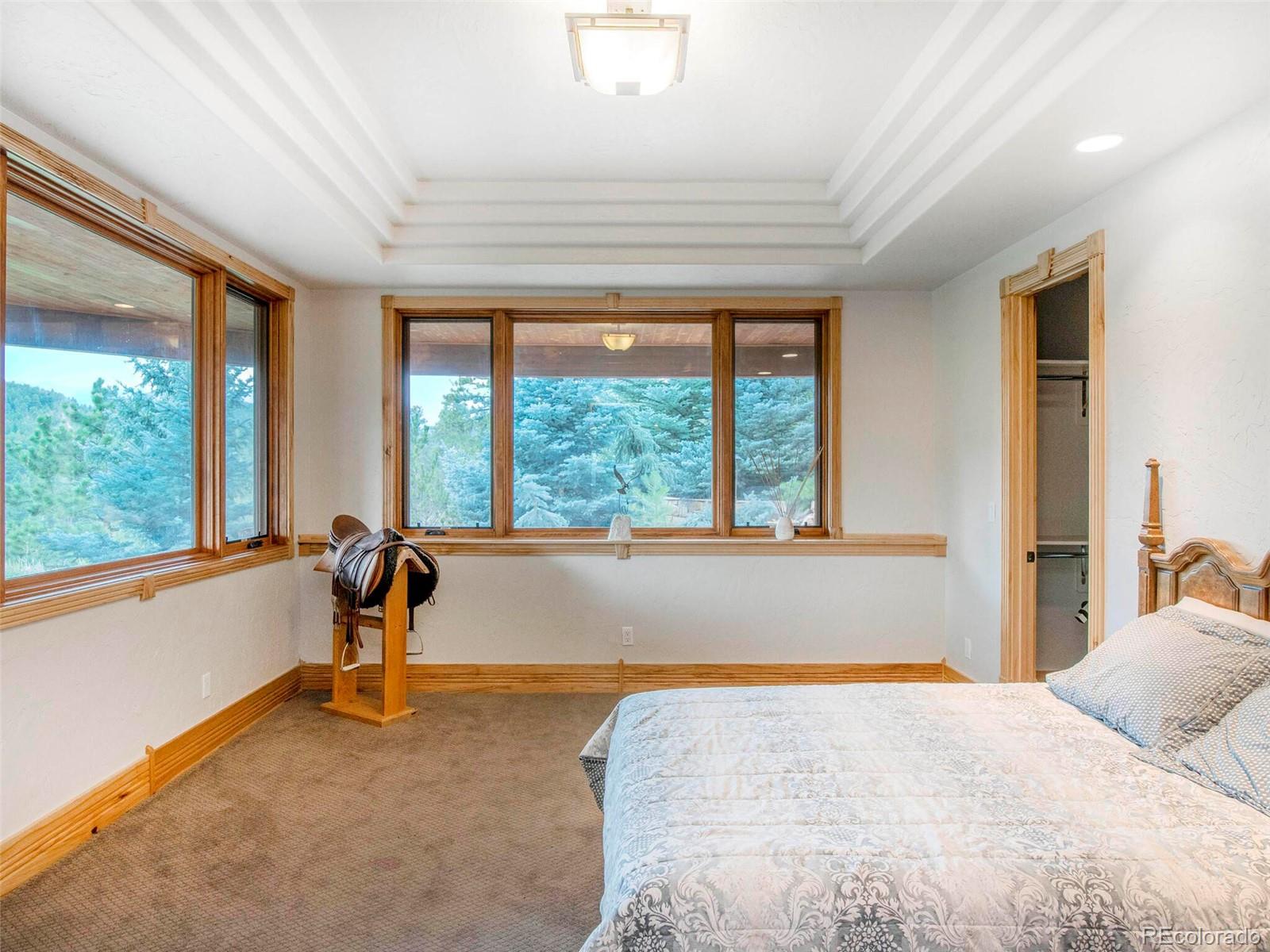 577 Bear Meadow Trail Evergreen, CO 80439 - Photo 32 of 40 a living room with a large bed and a large window with outer view