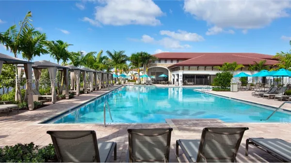 swimming pool view with a garden