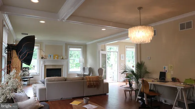 a living room with furniture a fireplace and a chandelier