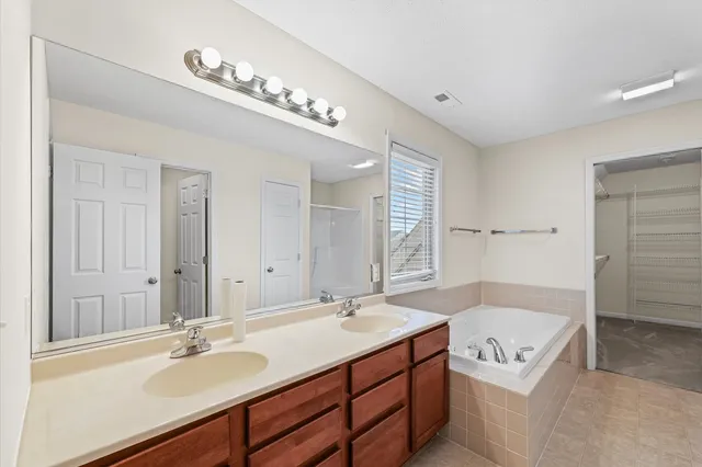 a bathroom with a tub a sink double vanity and a mirror