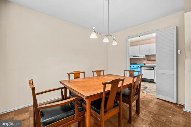 a view of a dining room with furniture