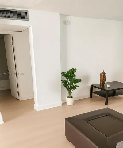 a living room with a potted plant