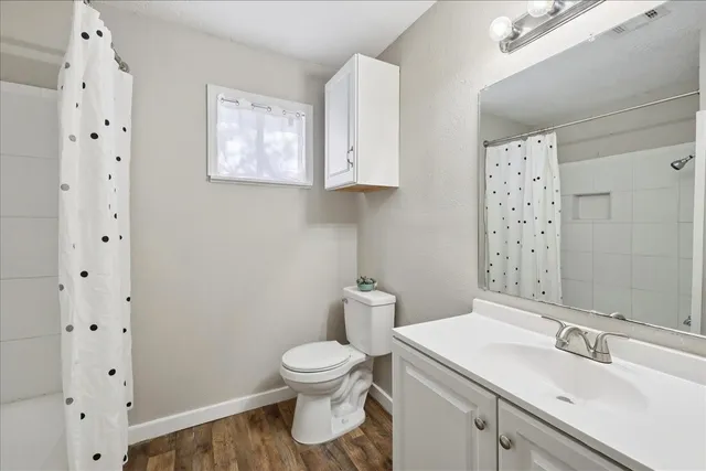 a bathroom with a sink a toilet and shower