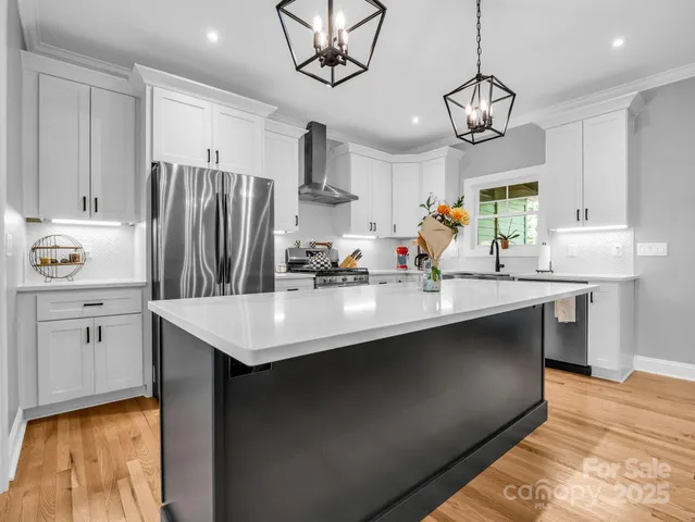 a kitchen with stainless steel appliances granite countertop a sink a stove a refrigerator cabinets and living room view