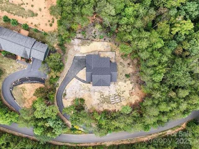 an aerial view of a house with a yard and large trees