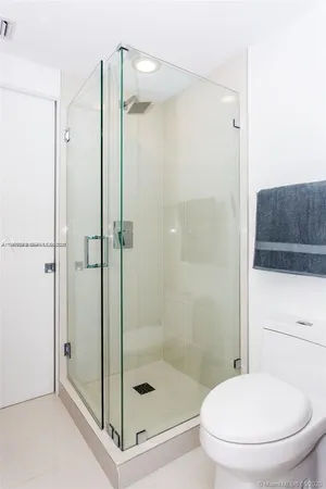 a bathroom with a shower and a toilet