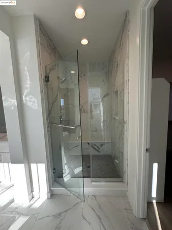 a bathroom with a shower and toilet