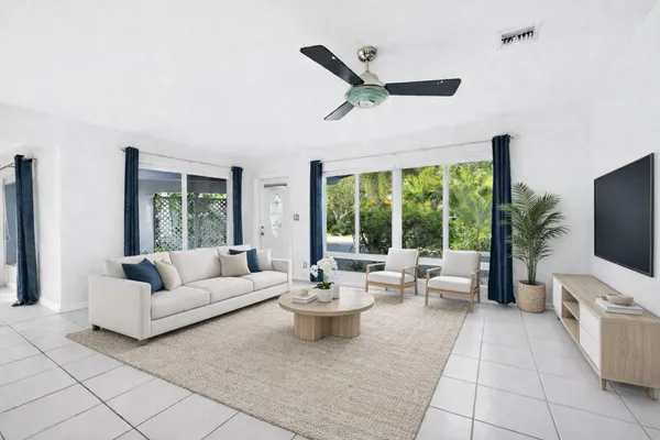 a living room with furniture and a large window