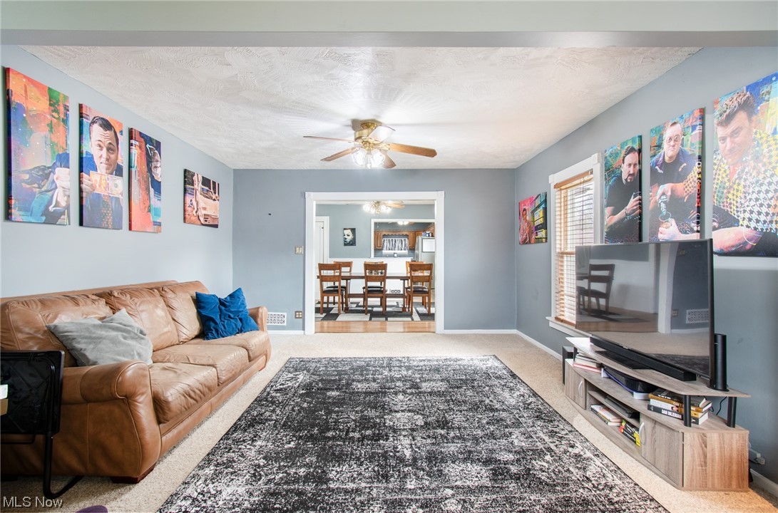 1784 Depot Road Salem, OH 44460 - Photo 3 of 32 Carpeted living room featuring ceiling fan and a textured ceiling