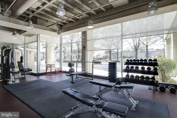 a room with gym equipment and floor to ceiling window