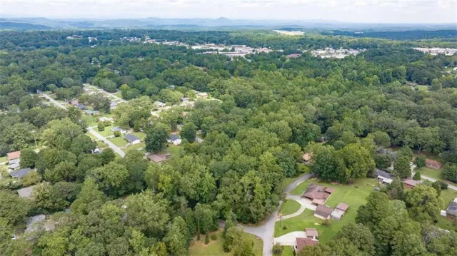 an aerial view of residential houses with outdoor space and trees